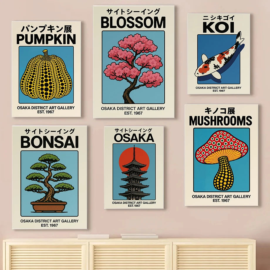 Japanese Ukiyoe Cherry Blossom Pumpkin Cat Yayoi Kusama Traditional Artwork Poster Canvas Paintings Wall Art Pictures Home Decor
