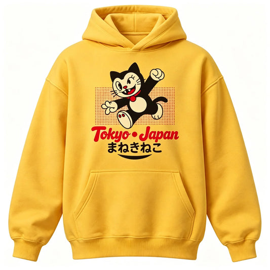 Tokyo Maneki Neko Hoodie – Japansk Lucky Cat Hættetrøje til Børn & Voksne - 100% Bomuld