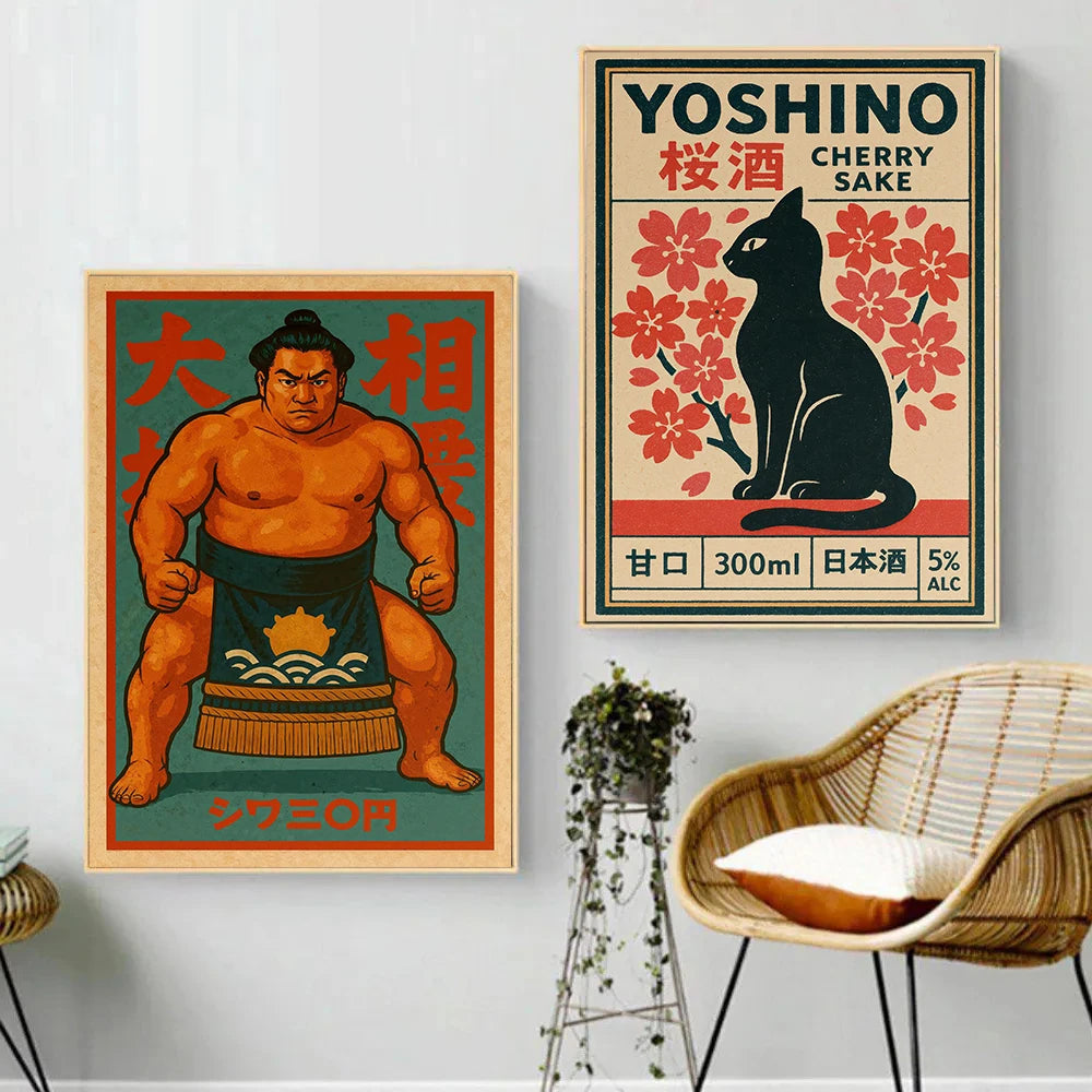 Japanese Ukiyoe Cherry Blossom Pumpkin Cat Yayoi Kusama Traditional Artwork Poster Canvas Paintings Wall Art Pictures Home Decor