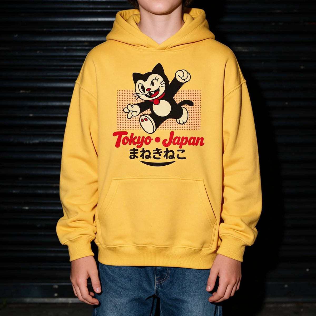 Tokyo Maneki Neko Hoodie – Japansk Lucky Cat Hættetrøje til Børn & Voksne - 100% Bomuld