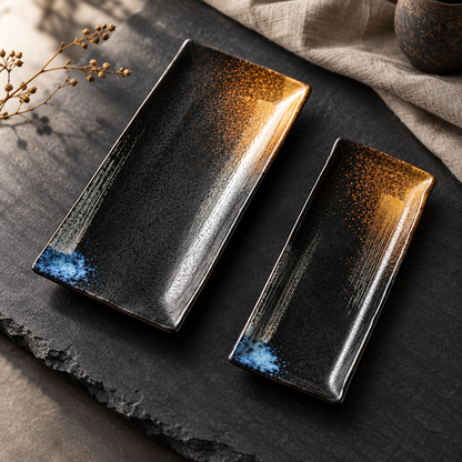 Japanske keramikfade i sort og bronze glasur